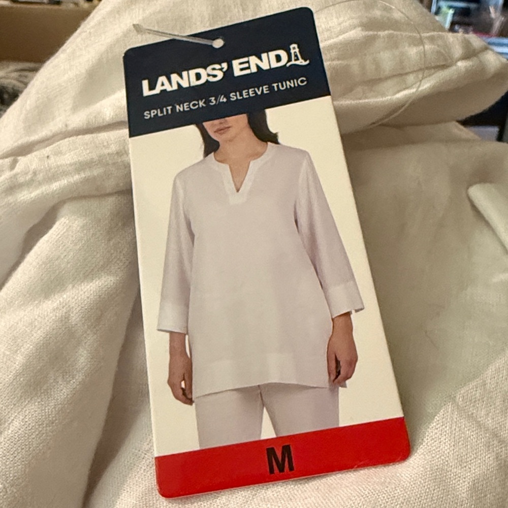 Lands End Linen Tunic Top Women's Split Neck 3/4 Sleeve Pockets White Casual M